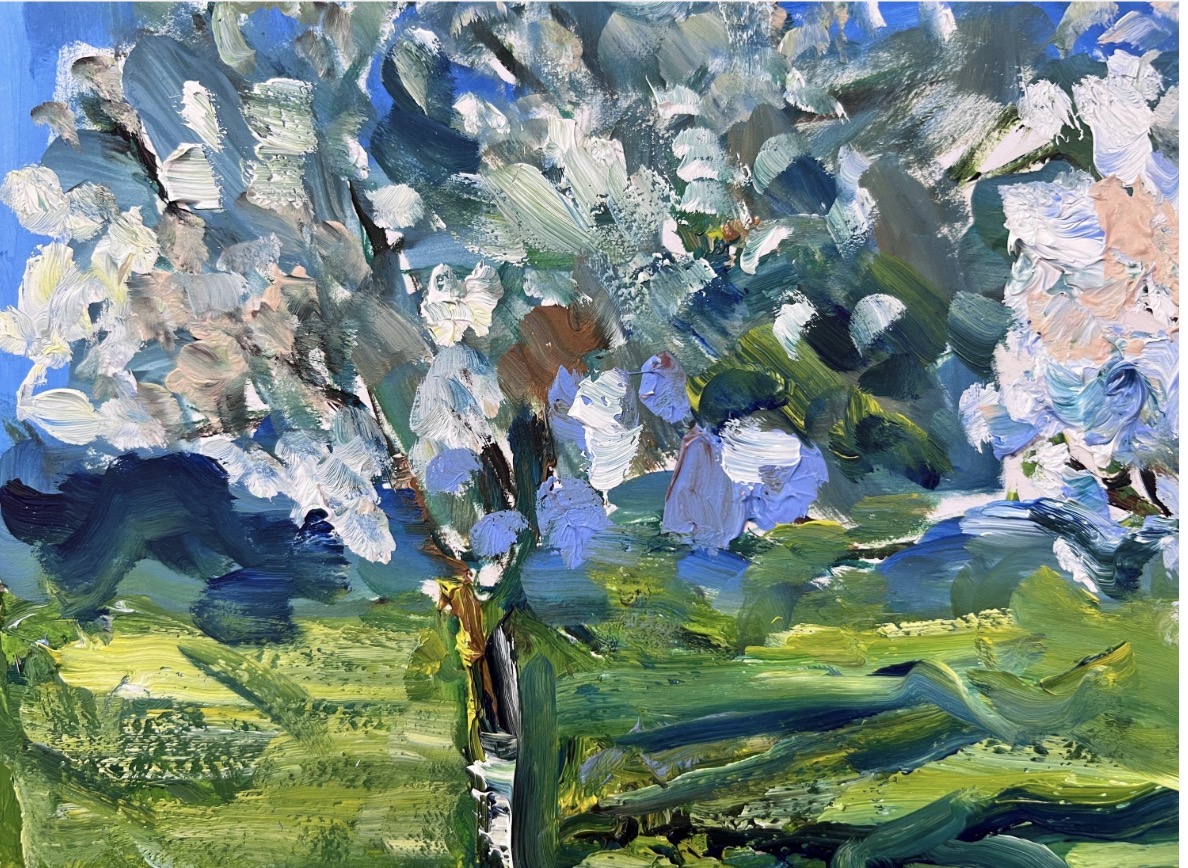 Detail of expressive colours and brushwork in the painting Spring Ukrainian Orchard